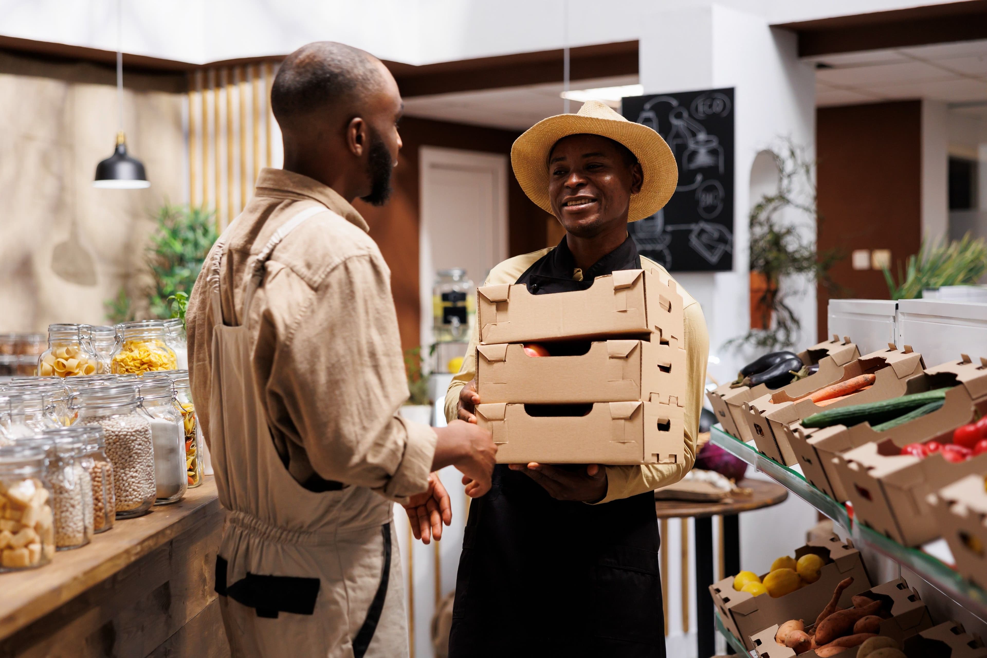 Nigerian shop owner handing a delivery of produce to a customer