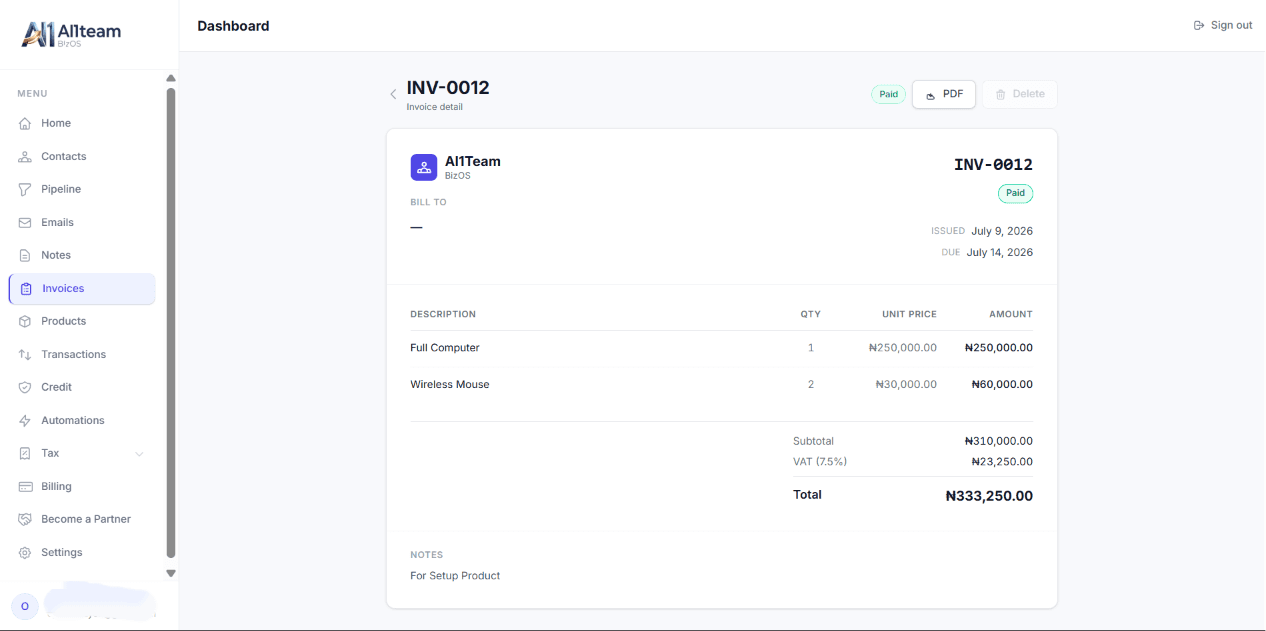 BizOS invoice showing Naira amount with payment tracking