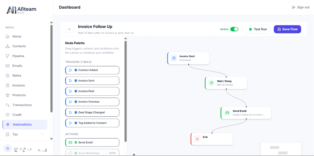 BizOS visual automation builder showing drag and drop workflow canvas