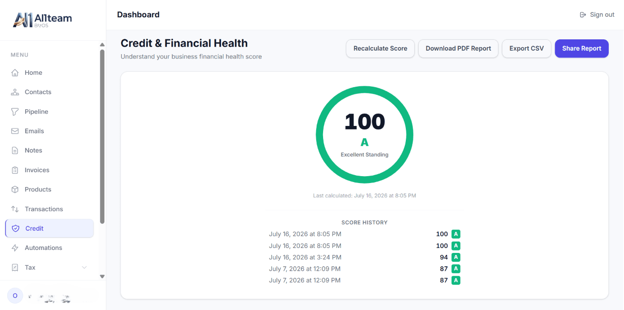 BizOS Financial Health Score showing creditworthiness dashboard and bank ready report
